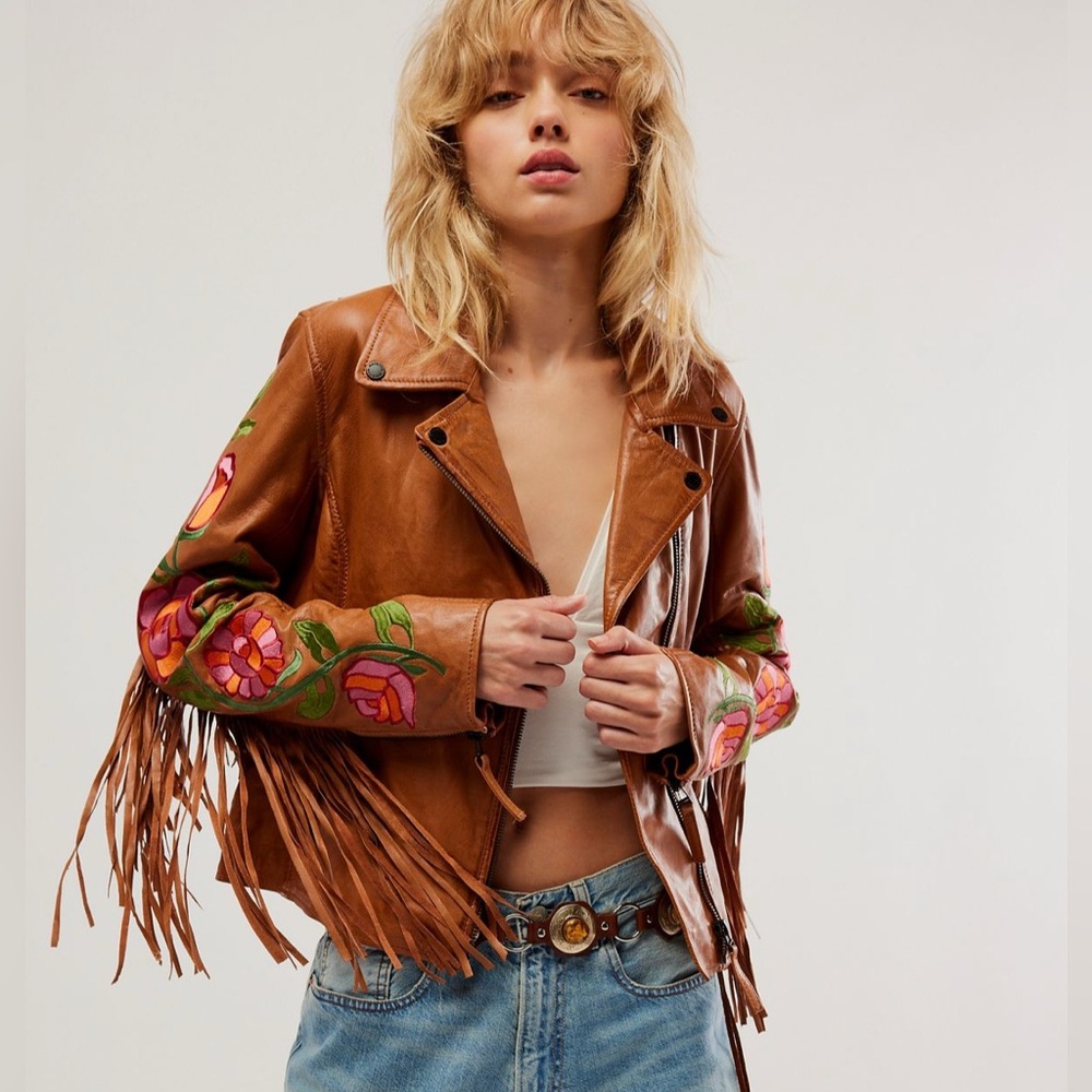 Free People Brown Leather Fringe Jacket with Floral Embroidery